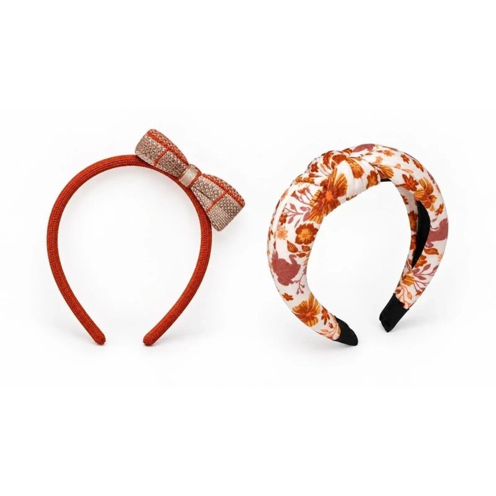 Kids Fall Headbands 2 Pc Set Floral Knot & Bow Rust Orange Beige